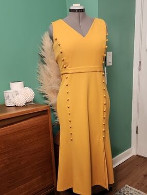 NEW W/ TAGS..Calvin Klein Mustard Yellow V-Neck Maxi Dress with Side Button Trim
